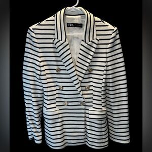 Zara Navy and White Striped Blazer with Gold Buttons